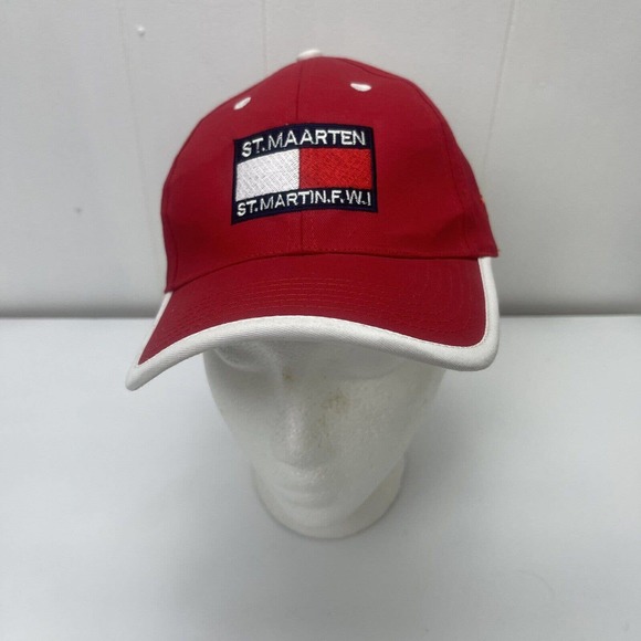 St Maarten Hat Cap Red White ST Martin FWI Strapback Adjustable Embroidered - Picture 3 of 12